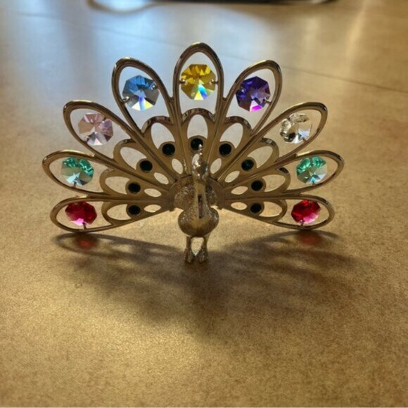 Silver Plated Peacock Figurine With Multicolored Swarovski Crystals Ornament - Picture 2 of 10